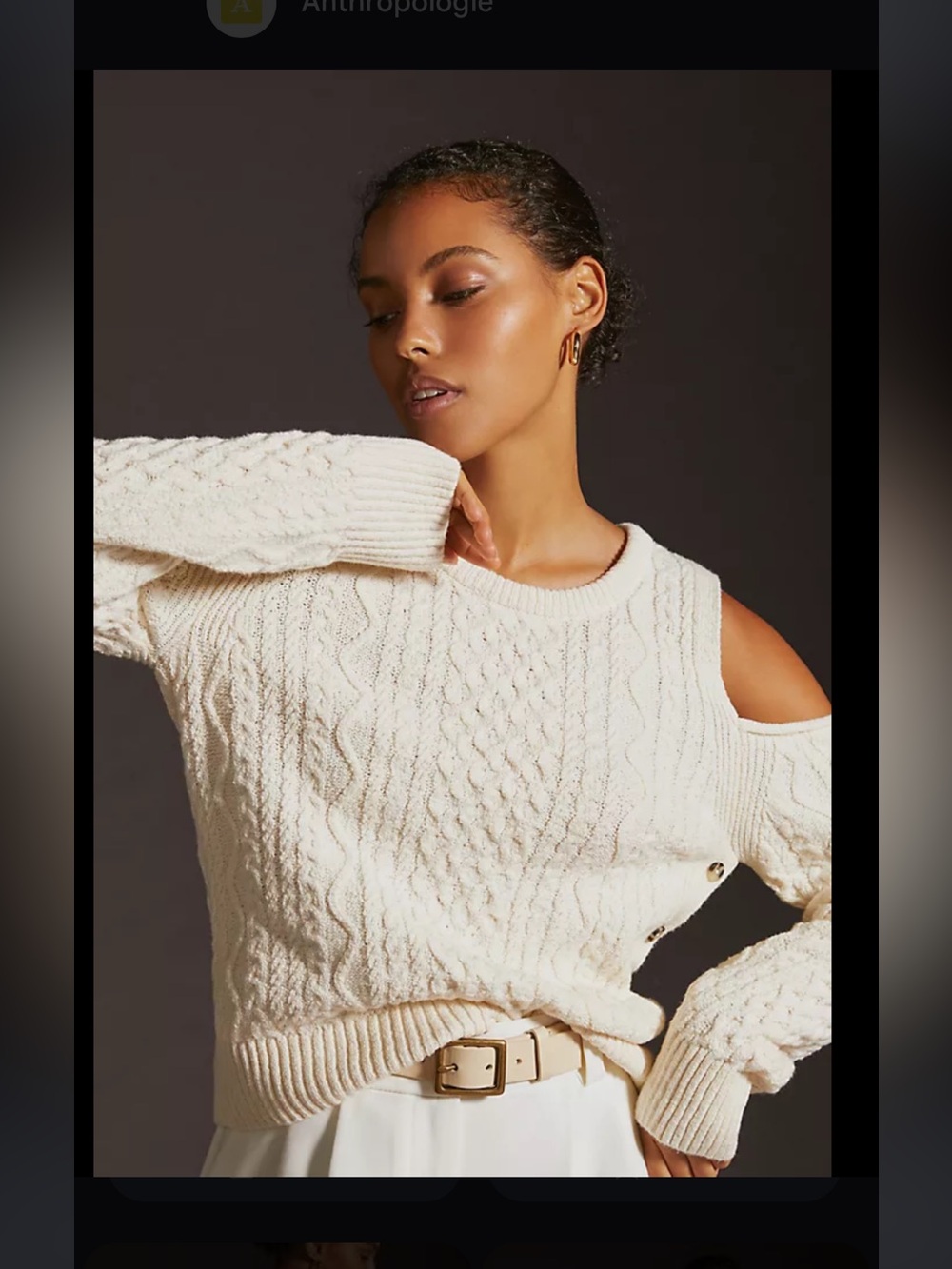 Pilcro Cream Cold-Shoulder Fisherman Cable Knit Sweater with Side Button Accents
